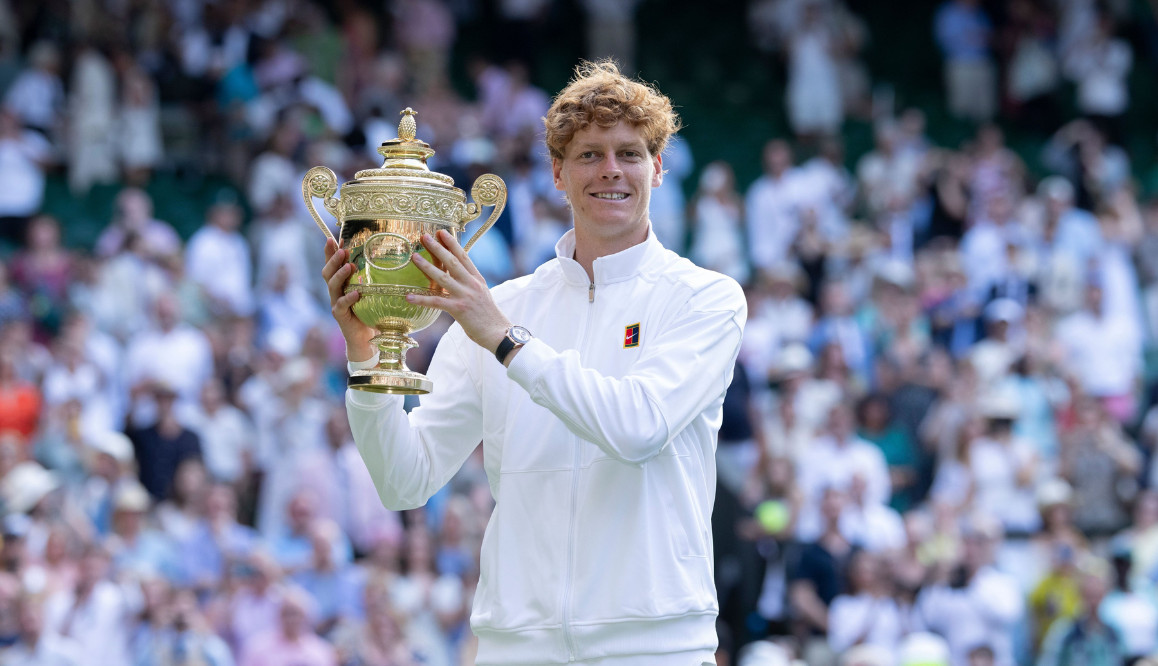 Rolex testimonee Jannik Sinner with his prize at Wimbledon 2025 (Photo: courtesy of Rolex / Jon Buckle)