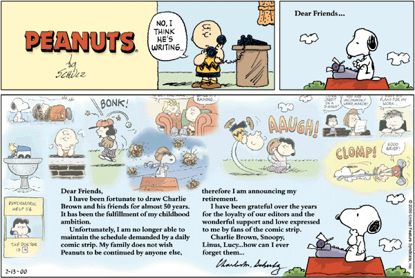 Snoopy ปรากฏตัวครั้งสุดท้ายในหน้าหนังสือพิมพ์เมื่อวันที่ 13 กุมภาพันธ์ 2000 เพื่อไว้อาลัย Charles M. Schulz หลังการเสียชีวิตหนึ่งวัน (ภาพ: Wikipedia)