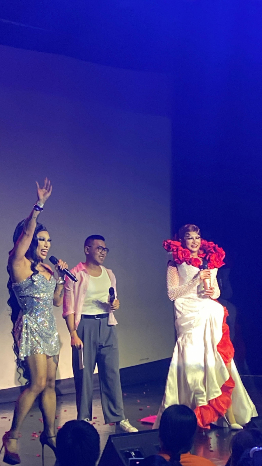 Scenes from the viewing party: RuPaul's Drag Race Global All Stars and Drag Race PH Season One's Eva Le Queen with Bekenemen Podcast hosts Baus Rufo and Drag Race PH Season Three's Myx Chanel (Photo: Jove Moya)
