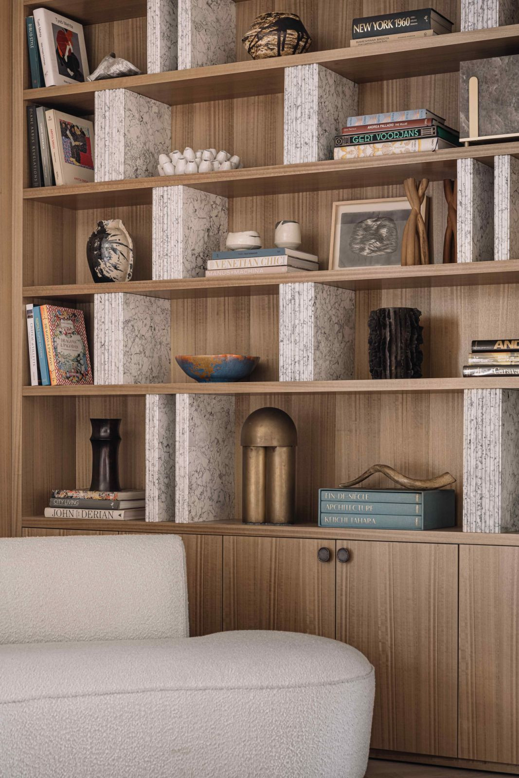 Integrated wall units with reeded howlite shelf supports (Photo: Ishita Sitwala)