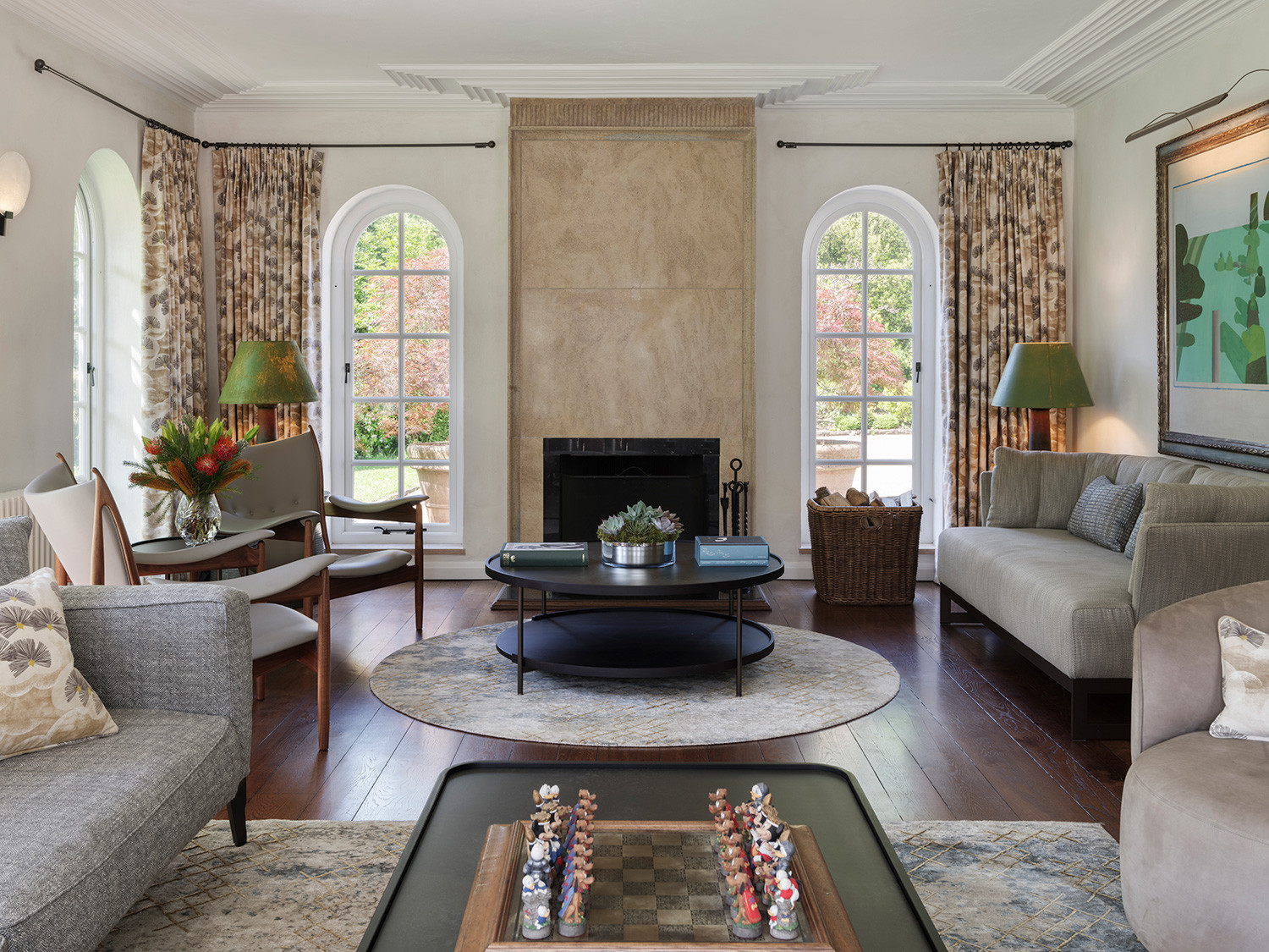 The living room of an Arts and Crafts mansion in Buckinghamshire, England restored by the Tollgard Studio