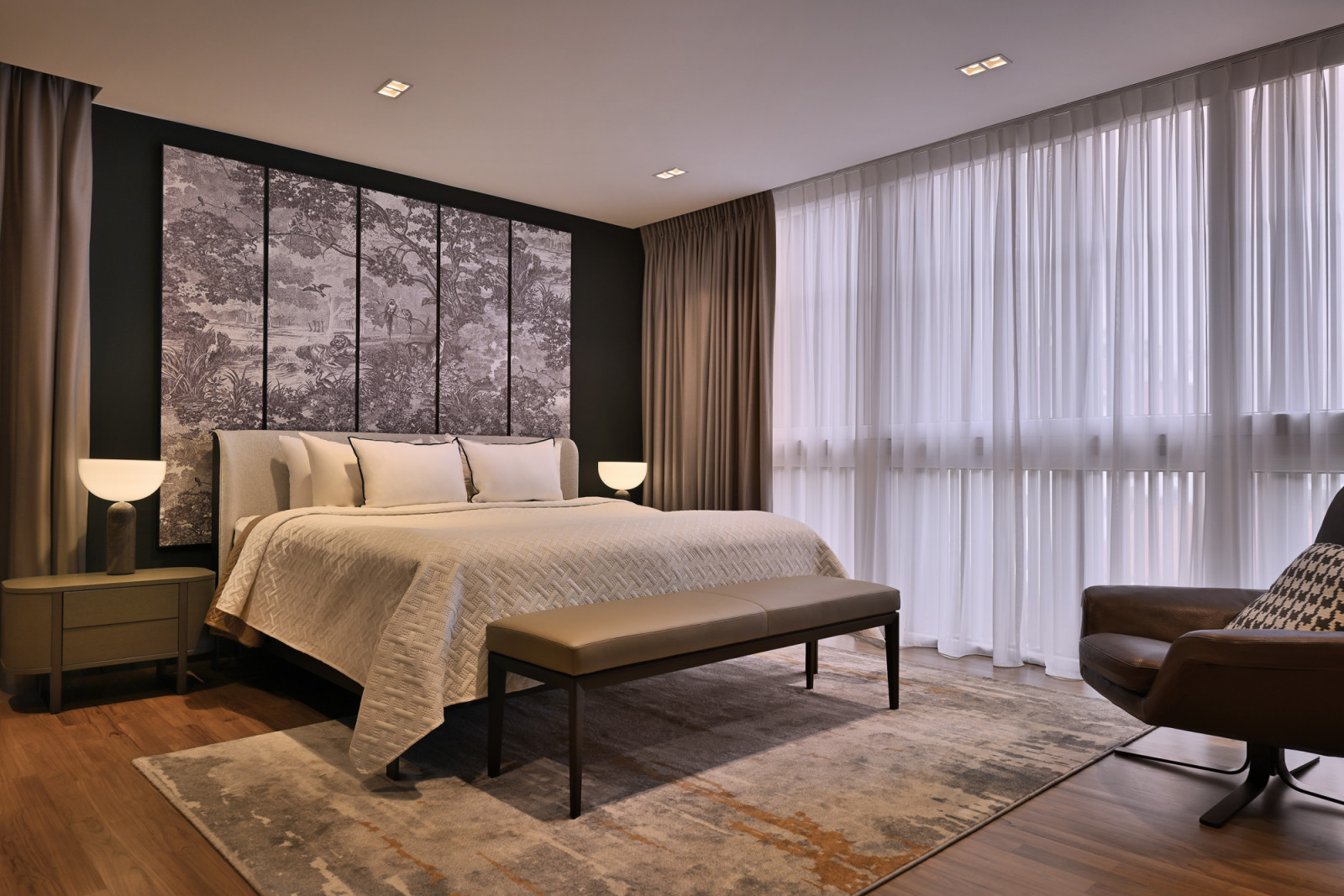 The highlight of this tranquil bedroom is a detailed bedhead inspired by the Garden of Eden