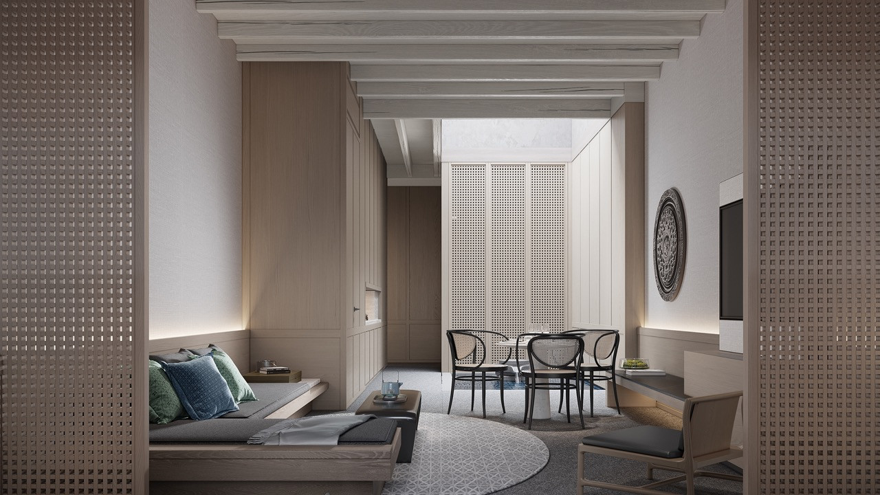 Contemporary furnishings and traditional screens create intimate spaces within the suites