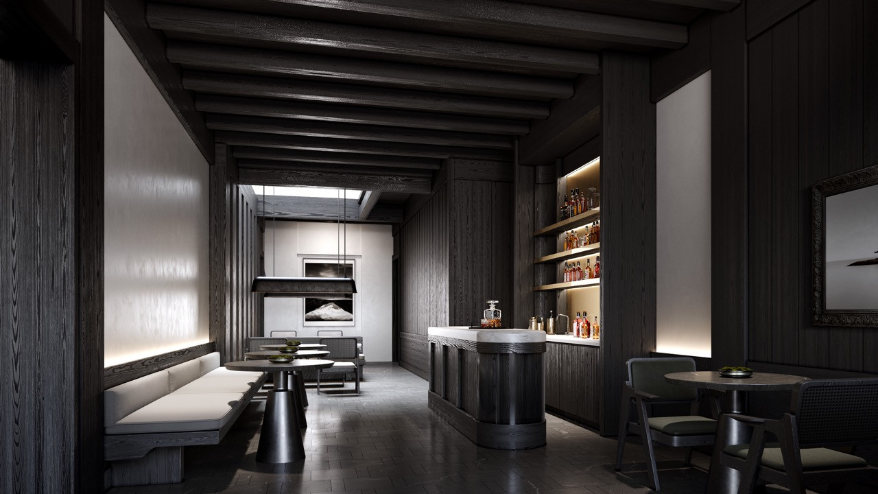 The dark timber and dramatic lighting in communal spaces directly translate Chan’s childhood memories of shophouse living with the contrast between darkness and punctuations of light coming through airwells