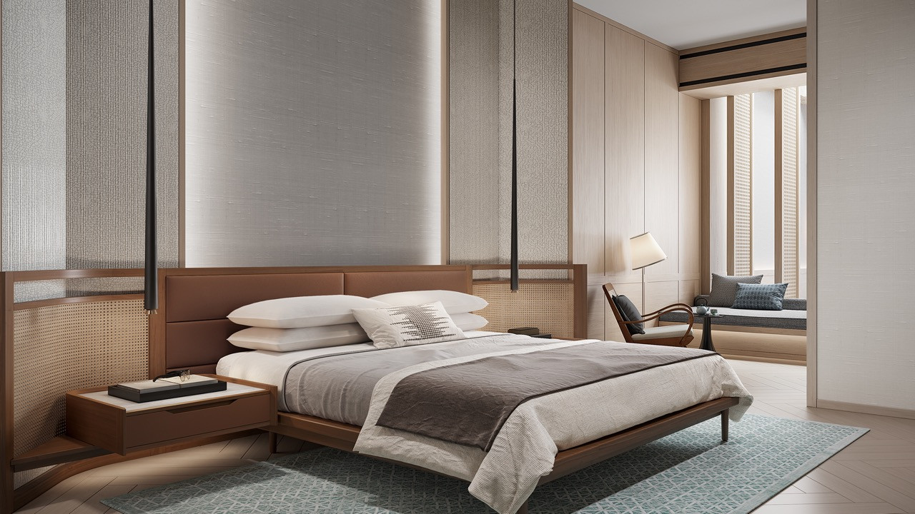 A guest suite at Soori Penang with warm wood tones and clean lines that evoke the essence of Peranakan heritage without literal translation