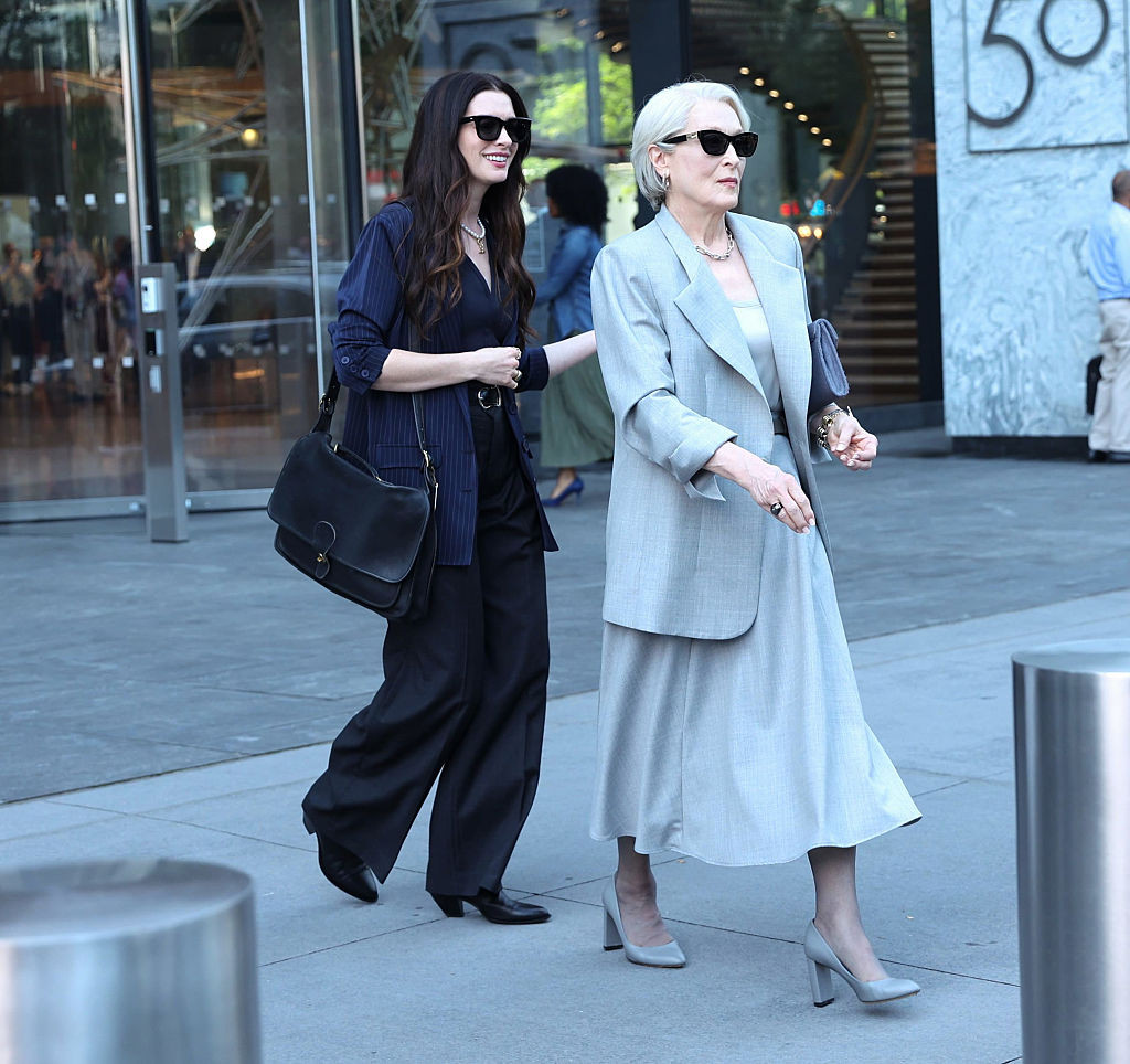 NEW YORK, NY - JULY 29: Anne Hathaway and Meryl Streep are seen filming scenes at "The Devil Wears Prada 2" set in Hudson Yards, Manhattan on July 29, 2025 in New York City. (Photo by Jose Perez/Bauer-Griffin/GC Images)