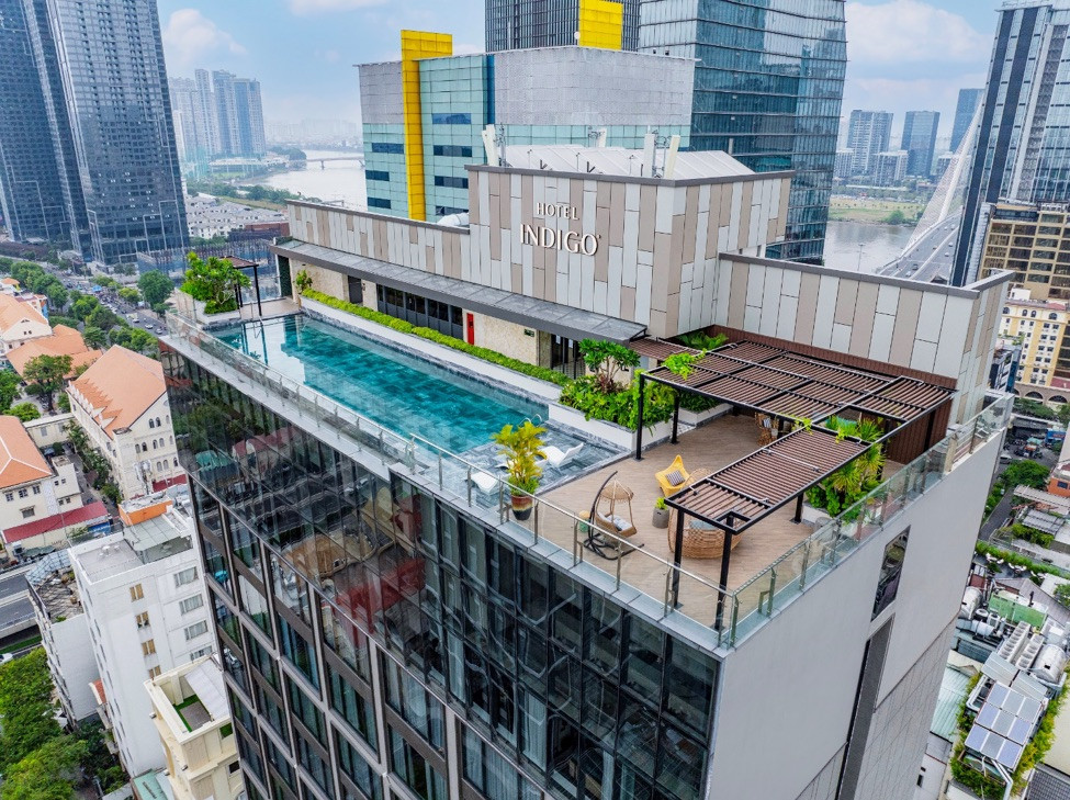 Outdoor swimming pool with panoramic city views on the top floor of the hotel