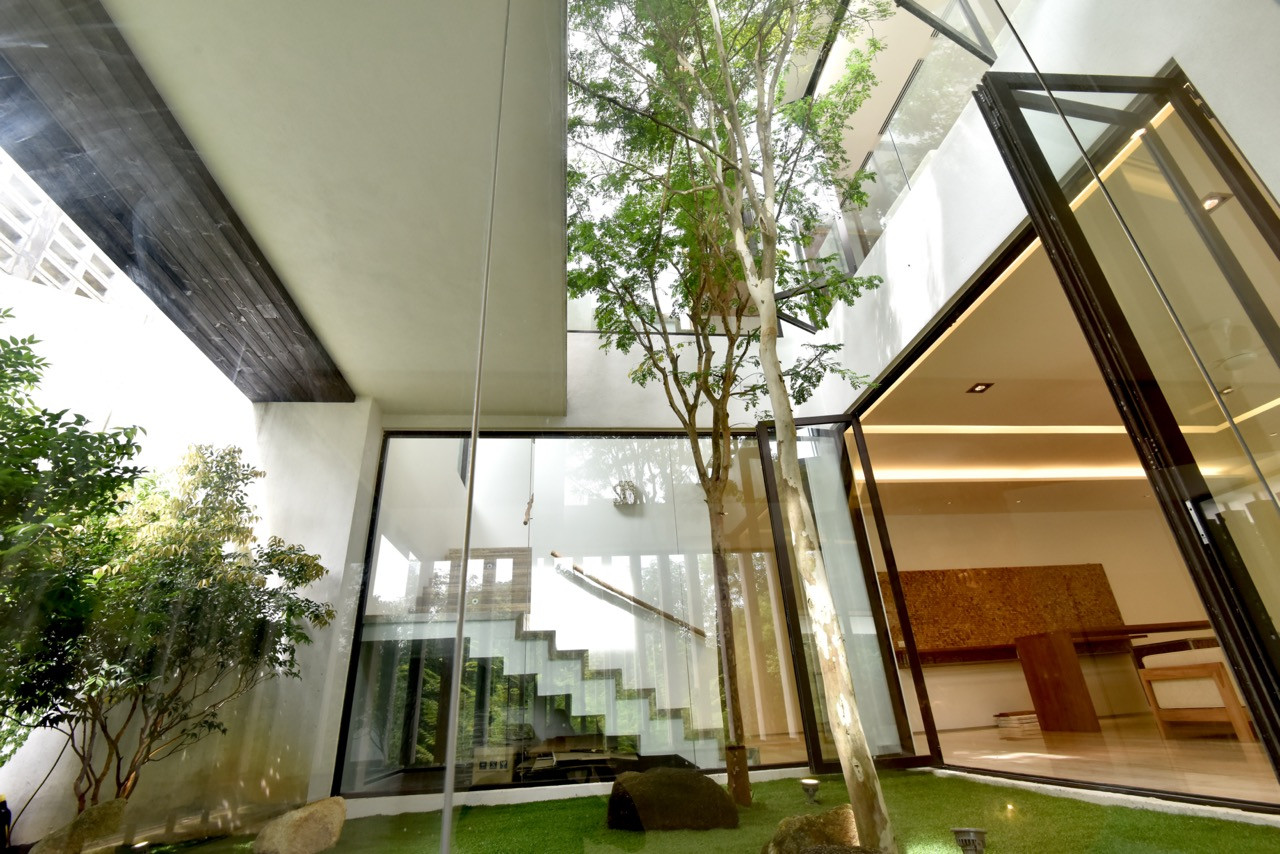 The internal courtyard allows full-height trees to grow through the centre of the house, with glazed walls on multiple levels creating visual connections between interior spaces