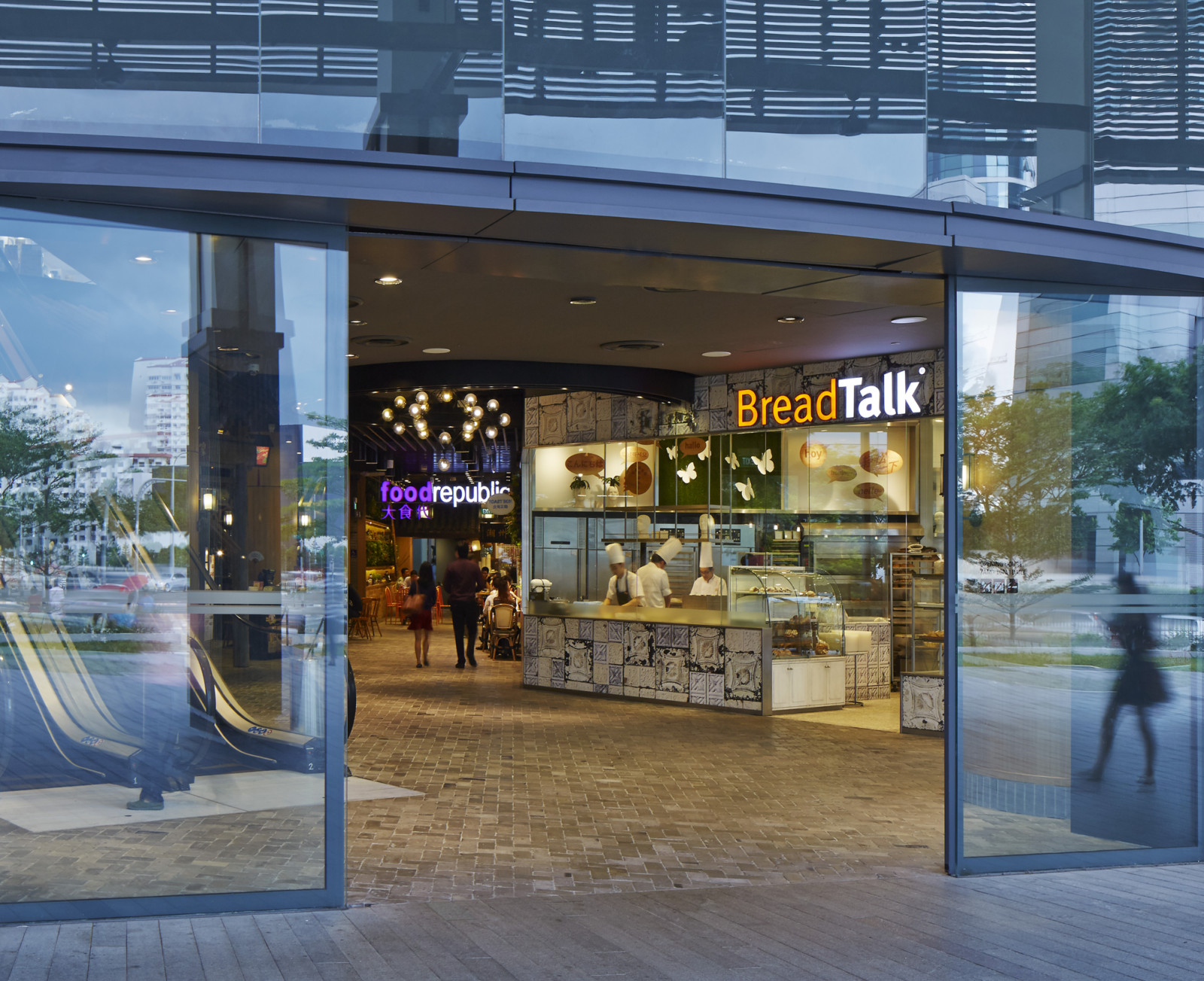 Main entrance to food and retail area. BreadTalk IHQ, Singapore, Singapore. Architect: Kay Ngeee Tan Architects, 2014. (Photo by: Dennis Gilbert/View Pictures/Universal Images Group via Getty Images)