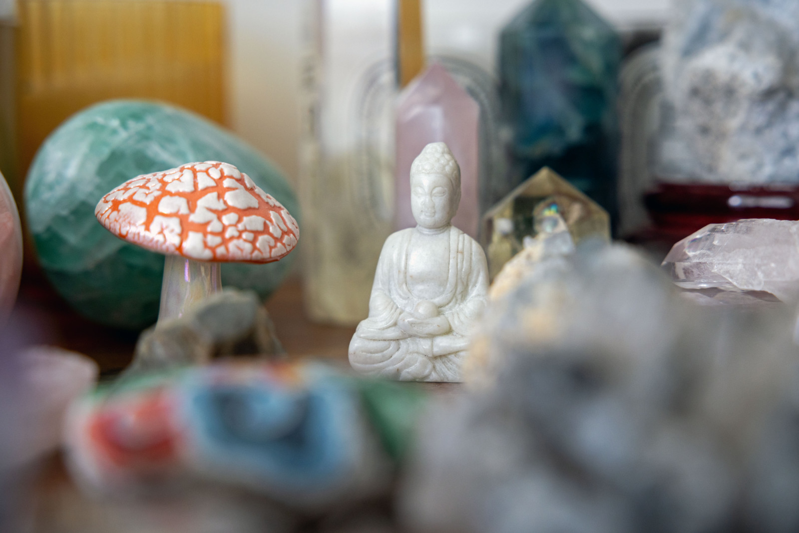 A close-up of Stephanie Zubiri’s “Cabinet of Good Vibes” in her home