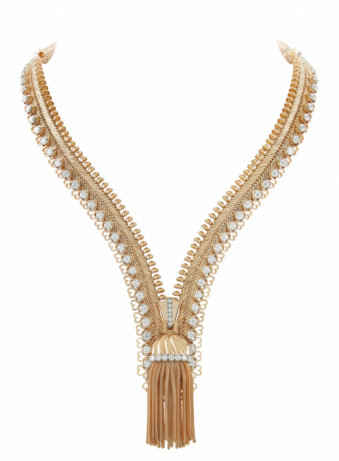 A gold Zip Antique necklace with diamonds