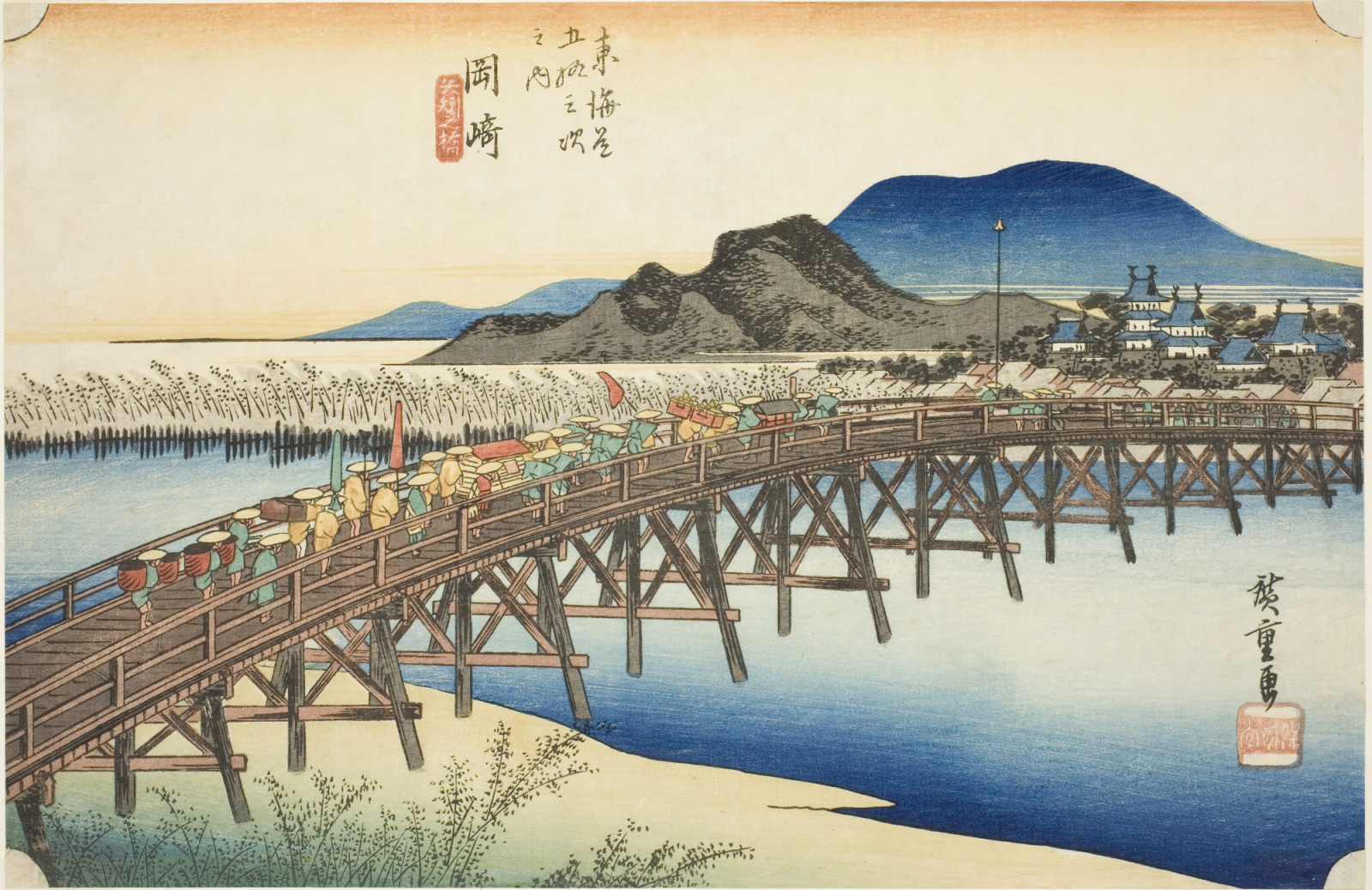 Okazaki: Yahagi Bridge (Okazaki, Yahagi no hashi), from the series "Fifty-three Stations of the Tokaido (Tokaido gojusan tsugi no uchi)," also known as the Hoeido Tokaido, c. 1833/34. Artist Ando Hiroshige. (Photo by Heritage Art/Heritage Images via Getty Images)