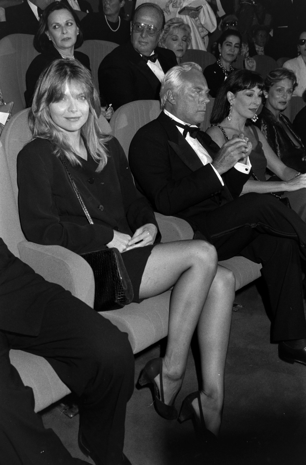 Actress Michelle Pfeiffer, designer Giorgio Armani, model Anjelica Huston, model Lauren Hutton, and guests attend "Made in Milan" film premiere. The film is directed by Martin Scorsese, and the dinner is organized by Giorgio Armani. Both events took place on the last day of the Venice Film Festival. (Photo by Art Streiber/WWD/Penske Media via Getty Images)