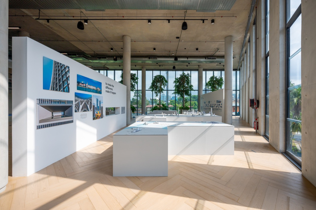The “group, design, partnership” exhibition at GDP Campus displays architectural models and project documentation in clean, minimalist gallery spaces, allowing visitors to experience the scale and scope of GDP’s urban planning and architectural projects