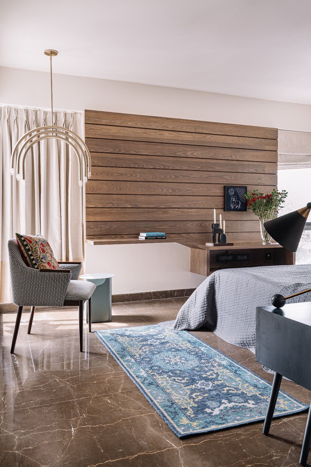The master bedroom in a Chennai, India home designed by Chestnut Storeys