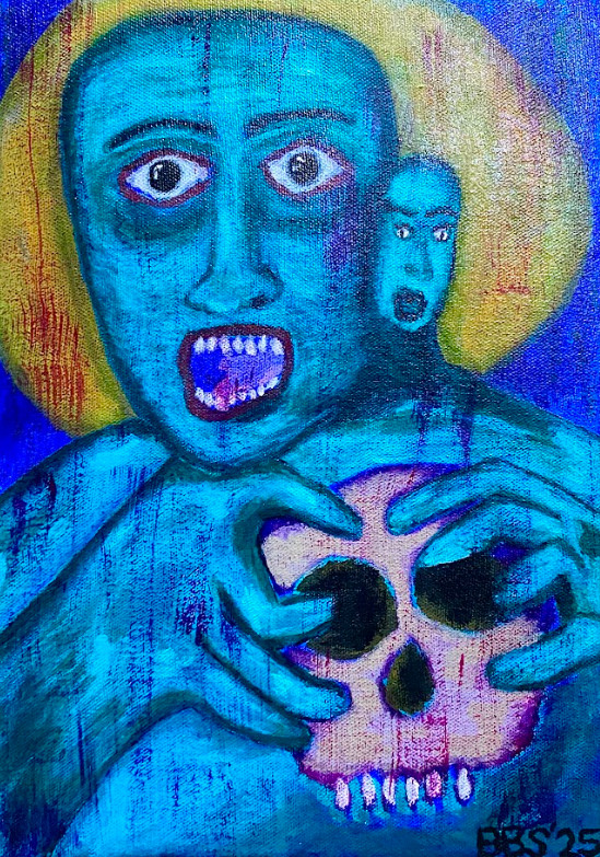 “Two-Headed Aquinas” (2025), Acrylic on Canvas, 10 x 14 inches