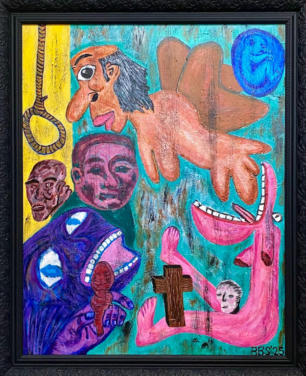In “Catholic Guilt” (2025), BB Suralta stages a feverish confession of Filipino religiosity, where salvation, shame, and desire wrestle in grotesque forms. The painting is a carnival of internalized dogma: crucifixions happen in the flesh, not on the wall. The noose, the ecstatic faces, and the pink creature mid-cry evoke both penance and perversion. To believe is to hallucinate, I'd like to think, to swallow centuries of fear dressed as faith (Caption: Bryle Suralta)