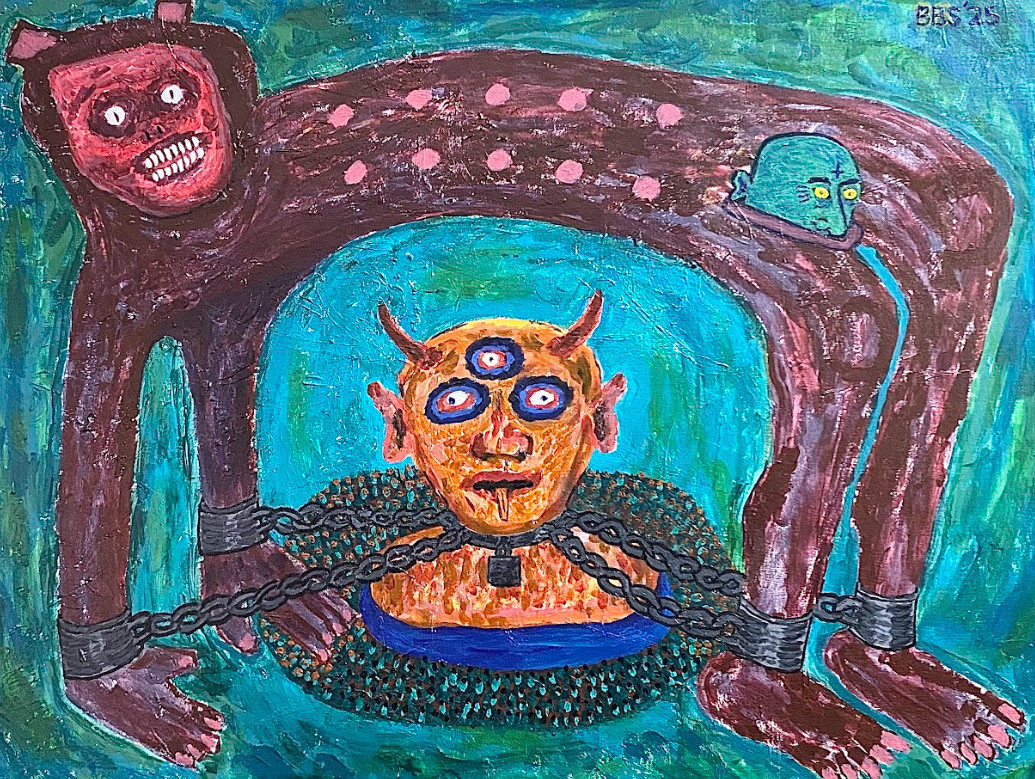 BB Suralta describes the subject of “Rally for the Executioner” (2025) as a chained, three-eyed, horned head surrounded by an animal with multiple humanoid faces. “The way I see it is that monstrosity is often manufactured or contained.” (Caption: Bryle Suralta)