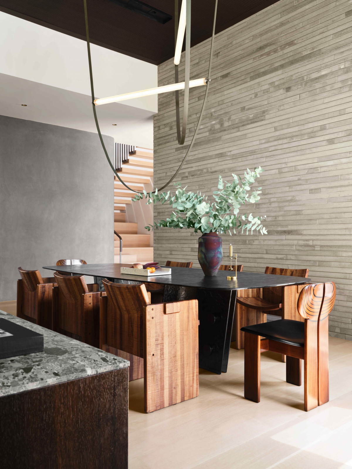 Vintage dining chairs at the texture Bonaldo glass dining table