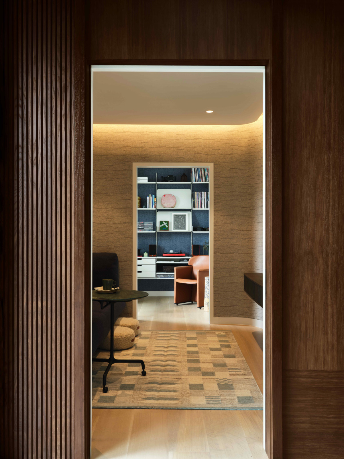 Fumed oak panelled walls in the media room