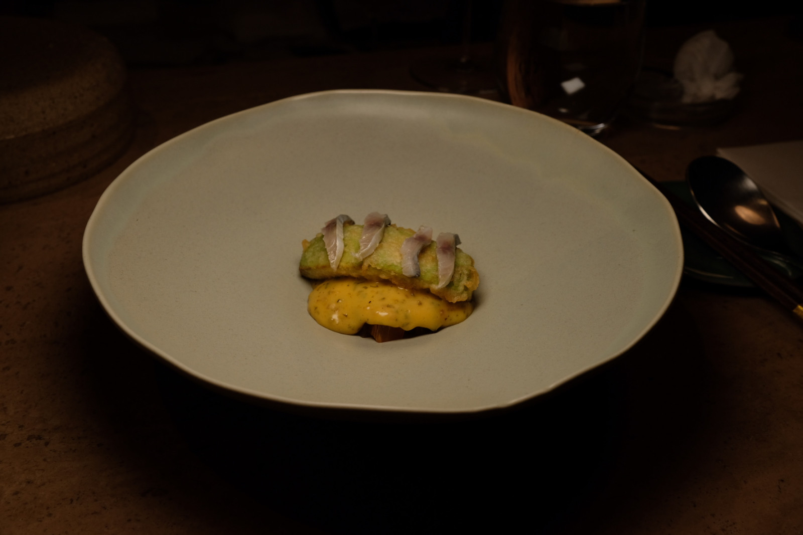 Chipta 11a's avocado tempura with bernaise sauce and pickled mackerel