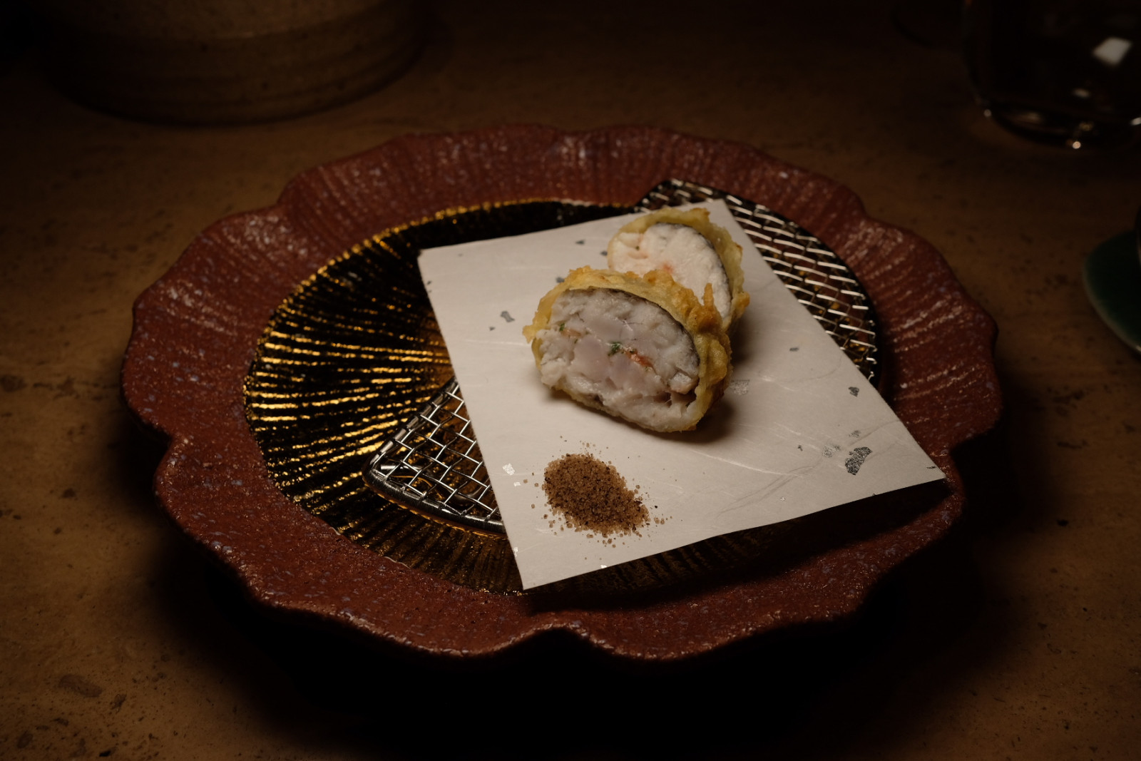 Chipta 11a's tempura of baby barracuda sandwiching some Japanese ume and ohba