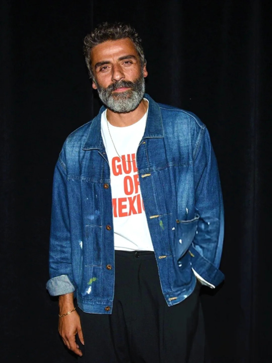 Leaning into off-duty casual with a Taiga Takahashi denim jacket (Photo: Instagram / @oscarisaachourly)