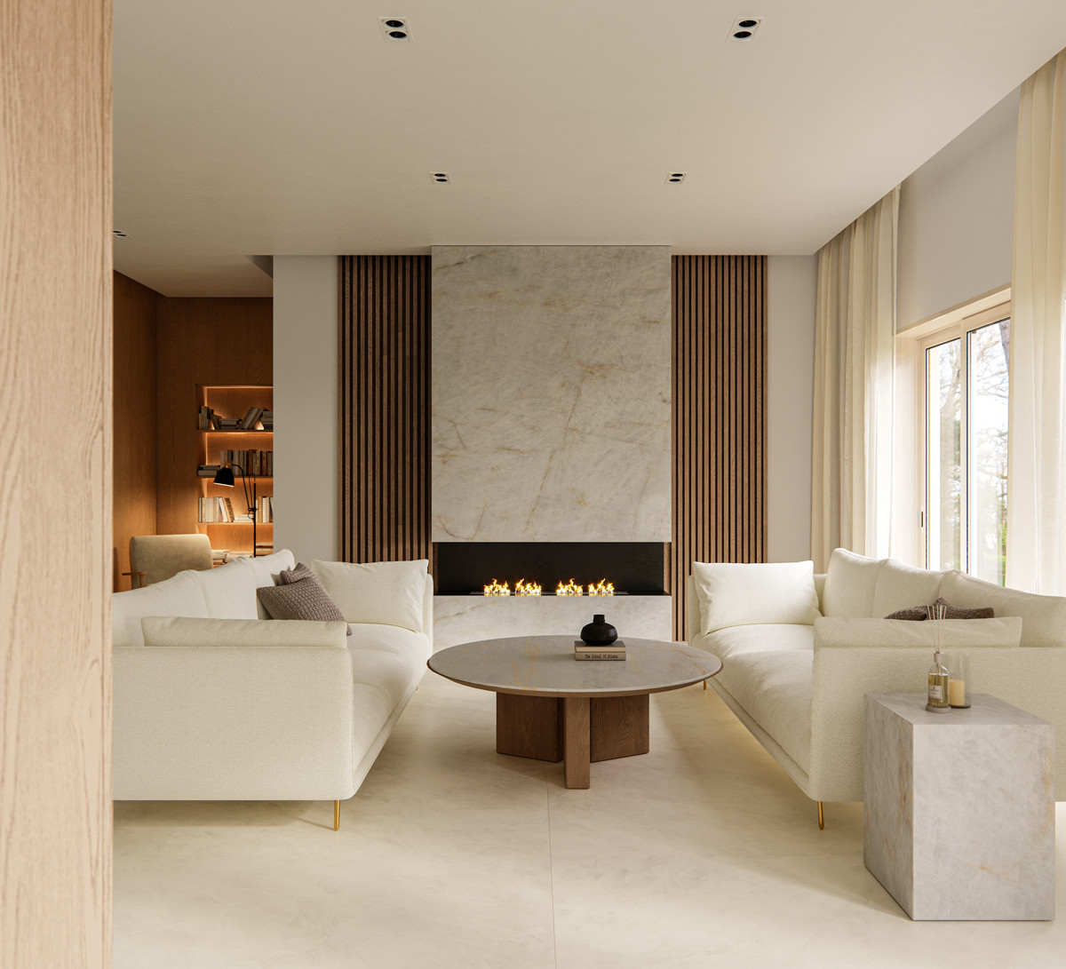 Sensa by Cosentino’s Cristalo quartzite brings quiet drama to this living room, its silvery veins contrasting with the warm timber