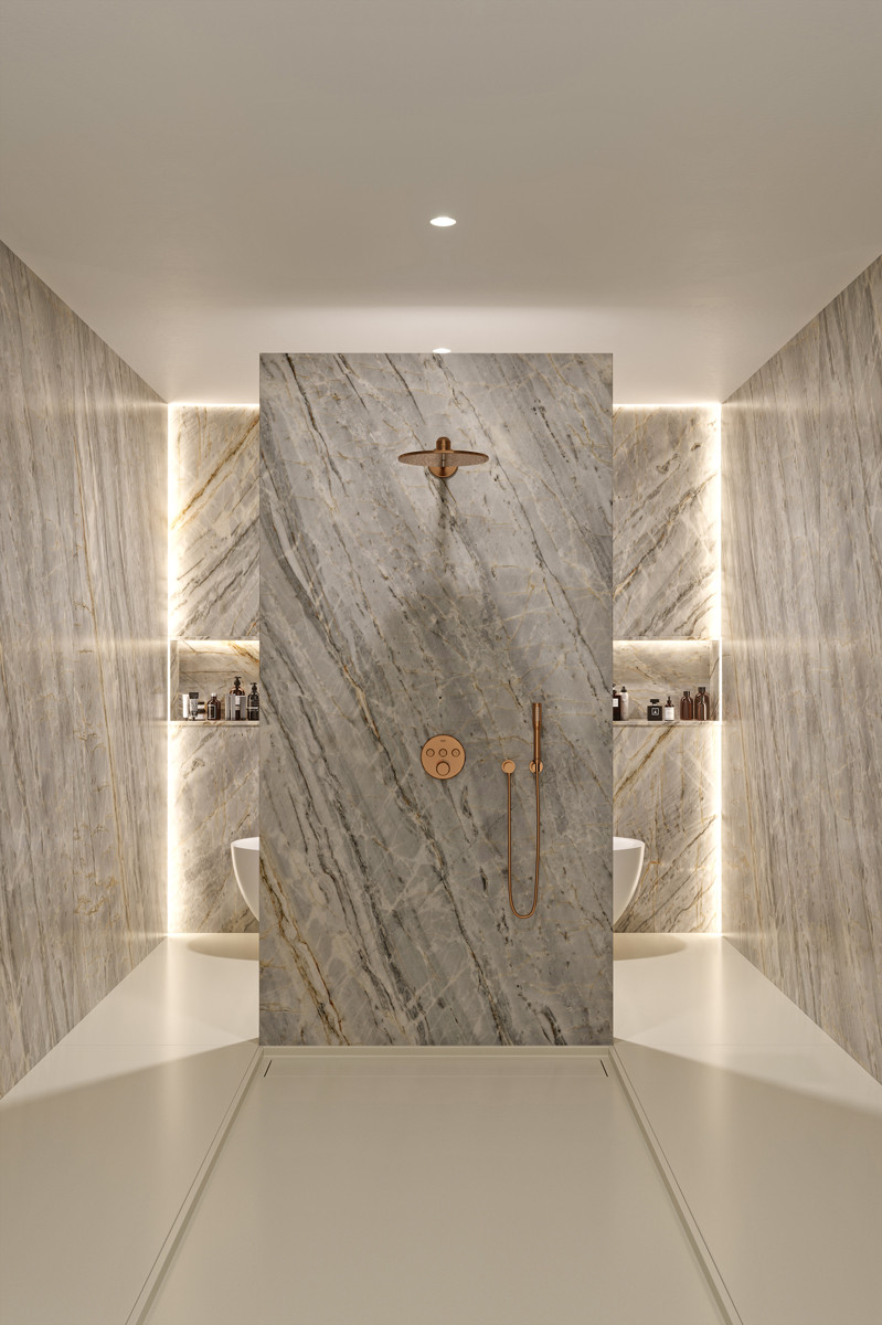 The elegant Marau colourway from Sensa by Cosentino make for an exceedingly stylish his and hers bathroom