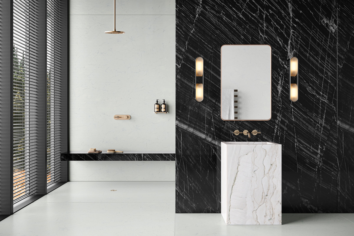 Oihana’s graphic striations add depth and boldness to this elegant bathroom