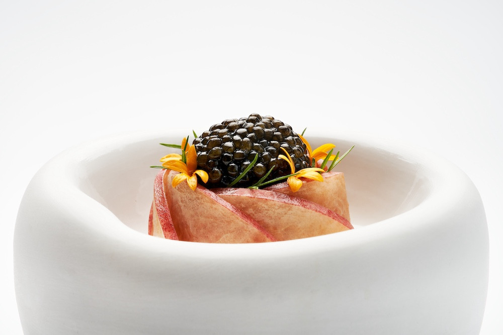 Sanremo: chamomile poached peach, red sanremo prawn, rice jelly, scallion, kaluga caviar