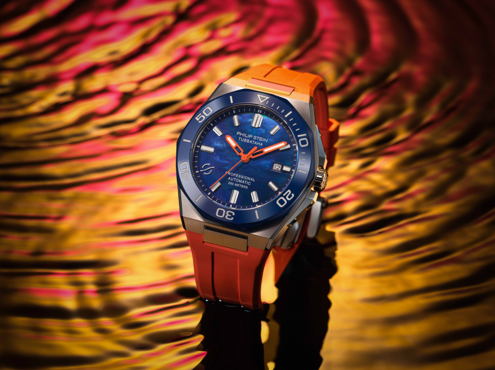 The limited-edition Philip Stein Tubbataha Titanium Professional in coral orange rubber strap (Photo: courtesy of Lucerne Group)