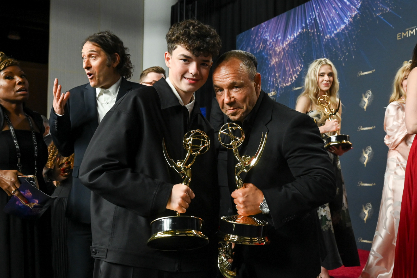 Owen Cooper, Stephen Graham pose with their Outstanding Lead Actor in a Limited or Anthology Series or Movie and Outstanding Supporting Actor in a Limited or Anthology Series or Movie awards for "Adolescence" at the 77th Primetime Emmy Awards held at the Peacock Theater on September 14, 2025 in Los Angeles, California. (Photo by Gilbert Flores/Variety via Getty Images)