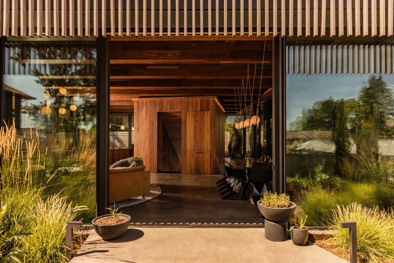The backyard pergola with disco ball creates moving light patterns in the kitchen, while native grasses and concrete planters extend the indoor-outdoor connection