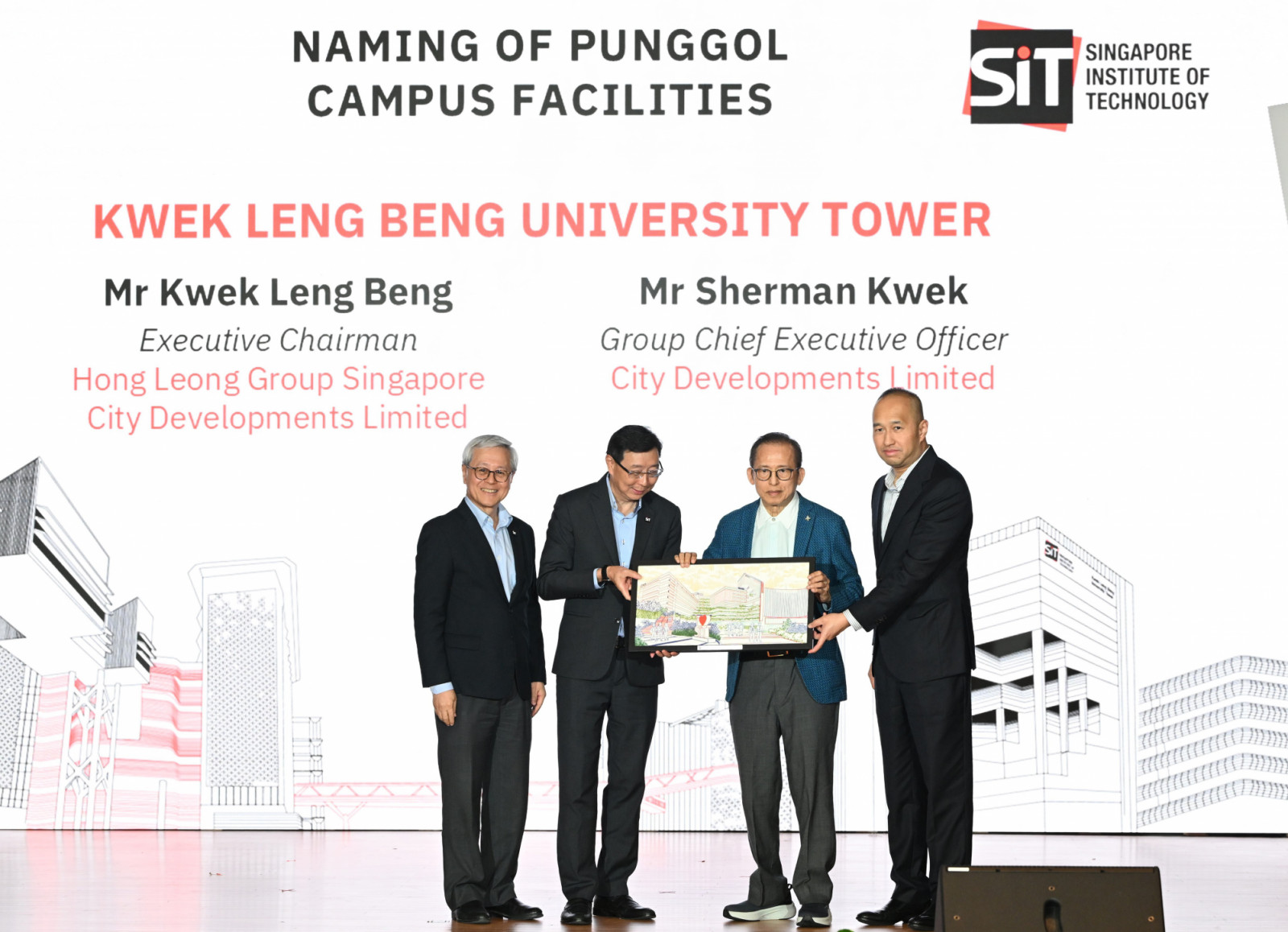 Kwek Leng Beng (pictured second from right) and Sherman Kwek (right) receiving the token of appreciation from Bill Chang (second from left), chairman of SIT board of trustees, and SIT president professor Chua Kee Chaing.