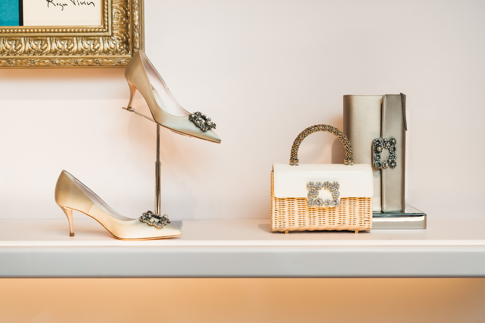 The Efflorescence Pumps in silver satin and Jewel Efflorescence Mini Bag in leather and rattan