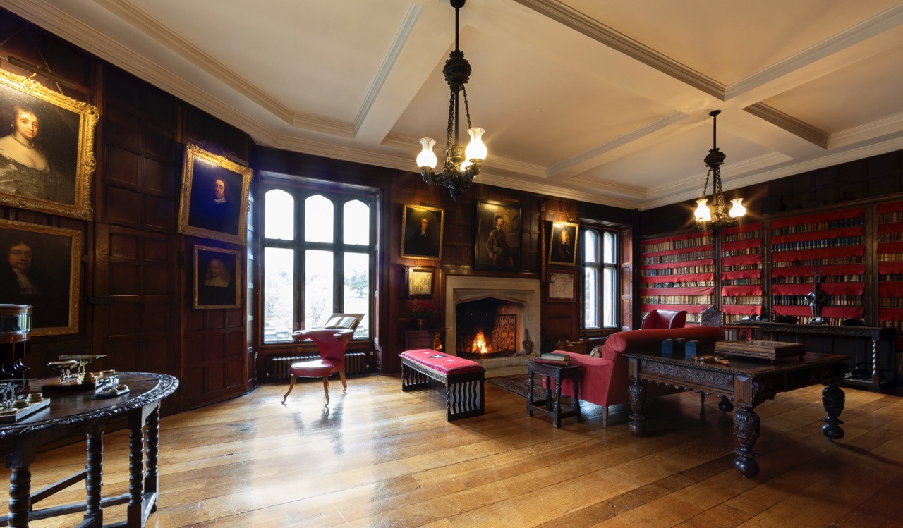 Wood-panelled room with coffered ceiling at Ripley Castle displaying the quality craftsmanship and period details preserved throughout this Grade I listed historic European castle's 700-year history