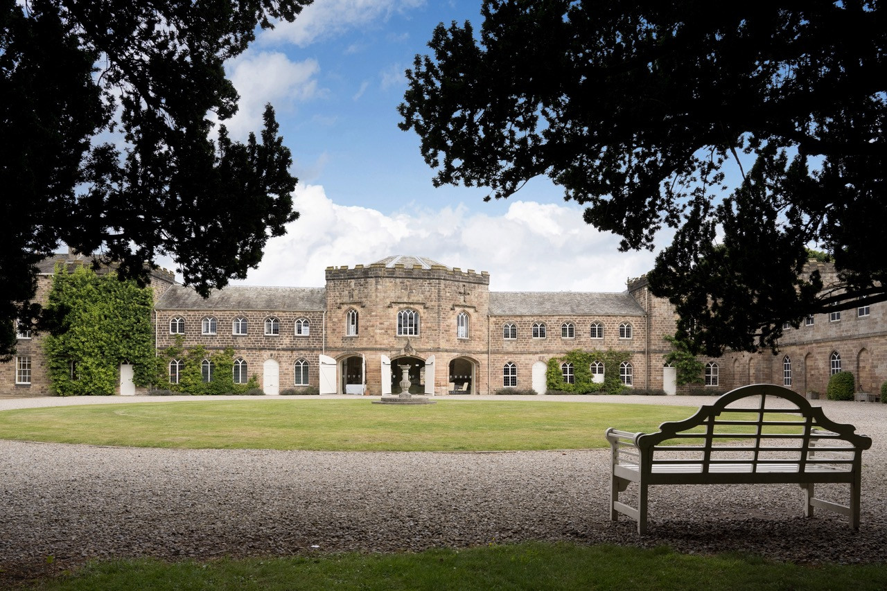 South elevation of Ripley Castle showing the Georgian architecture completed in 1786, part of the three distinct building periods that characterize this Grade I listed historic European castle