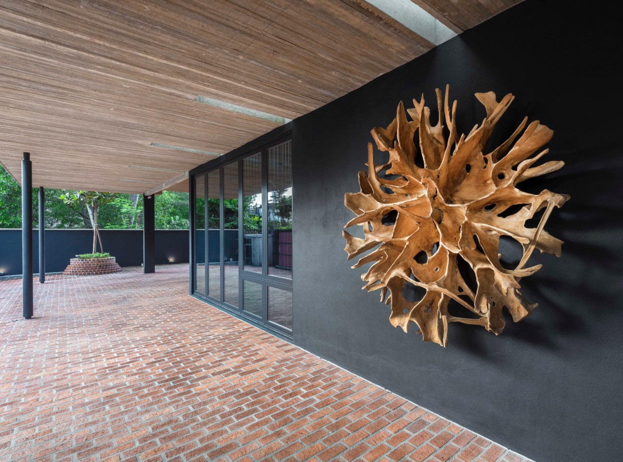 Natural timber sculpture against dark wall showing biophilic design elements within covered circulation space
