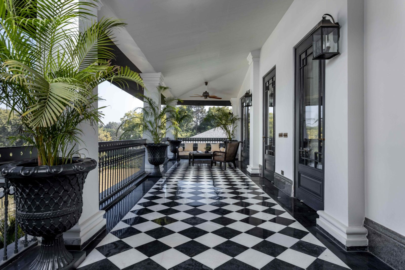 Deep, shaded balconies with black-and-white checkered marble flooring (Photo: Jeetin Sharma)