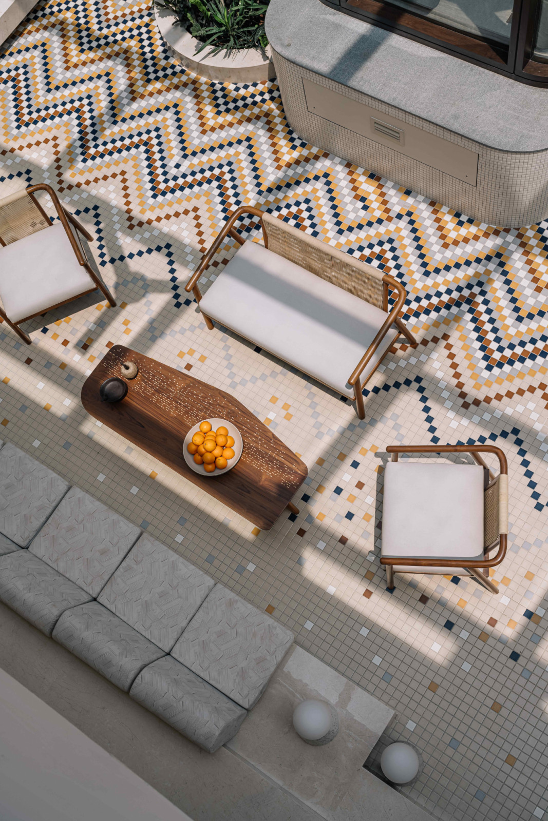 Pixelated Chettinad tiles add texture