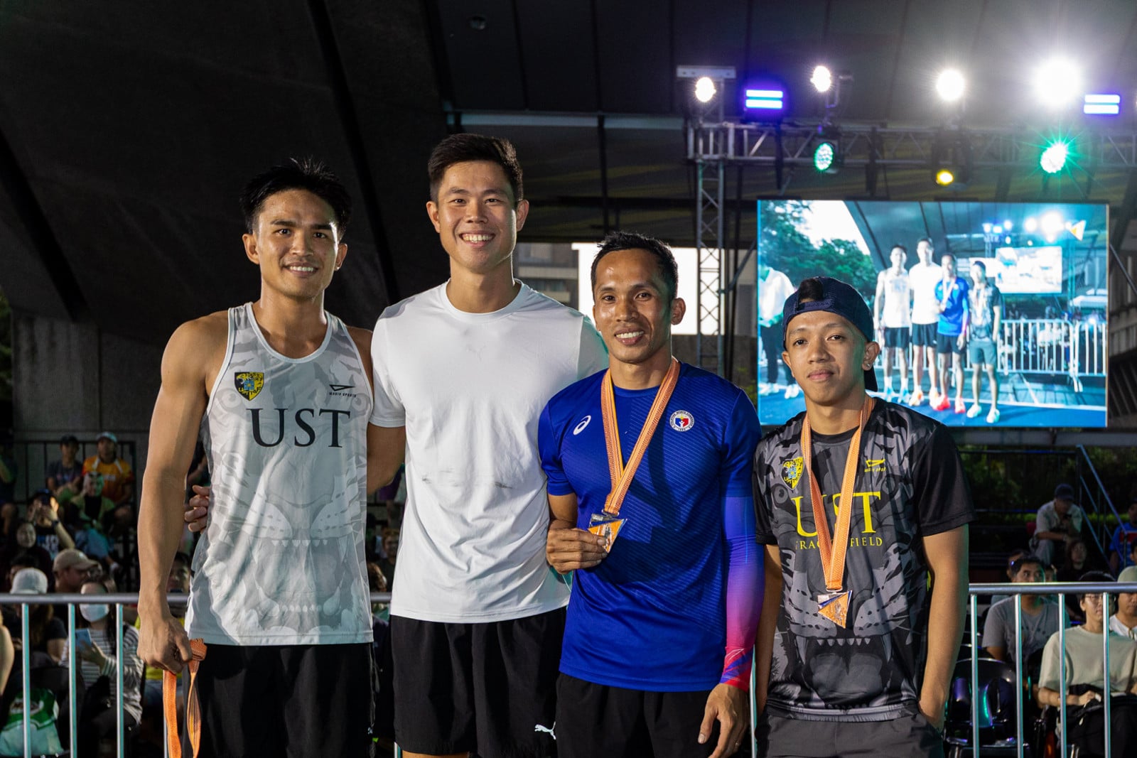 Obiena with the winners of the National Pole Vault Competition men's division: Hokett Delos Santos (gold), Janry Ubas (silver) and Mejen Sumbongan (bronze) (Photo: Edwin Hermoso)