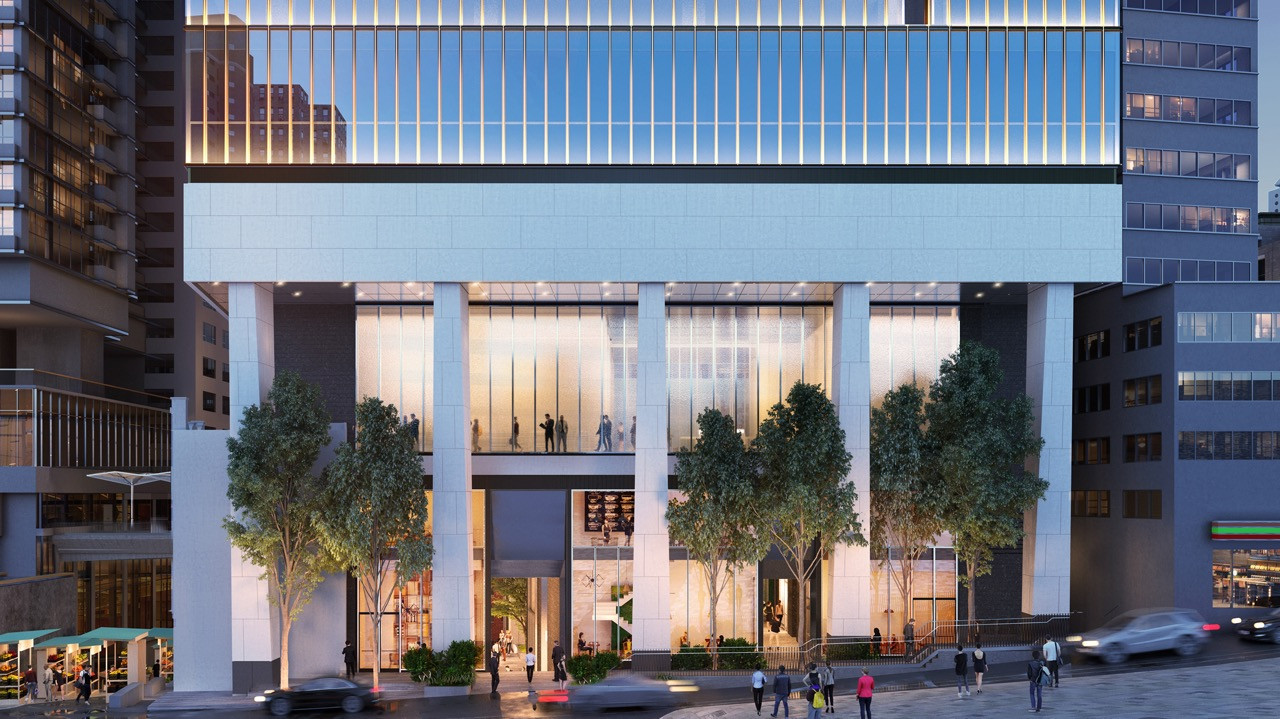 Central Crossing’s office tower entrance demonstrates the project’s approach to creating hierarchy between public, semi-public, and private spaces