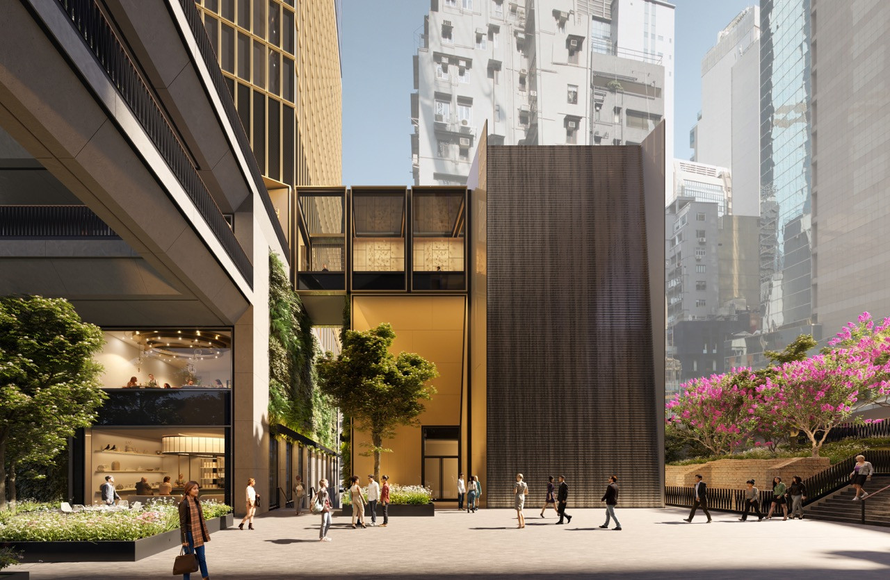 Central Crossing’s ground-level public space creates pedestrian connections between heritage landmarks Tai Kwun, PMQ, and Central Market. The development reinstates historic routes through the Central district whilst providing new retail and community spaces