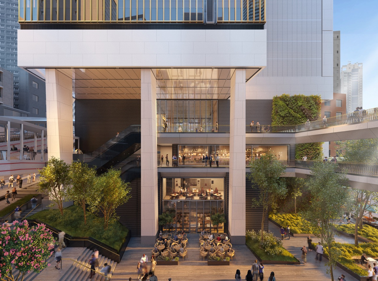 The development’s multi-level public spaces encourage pedestrian movement and community interaction
