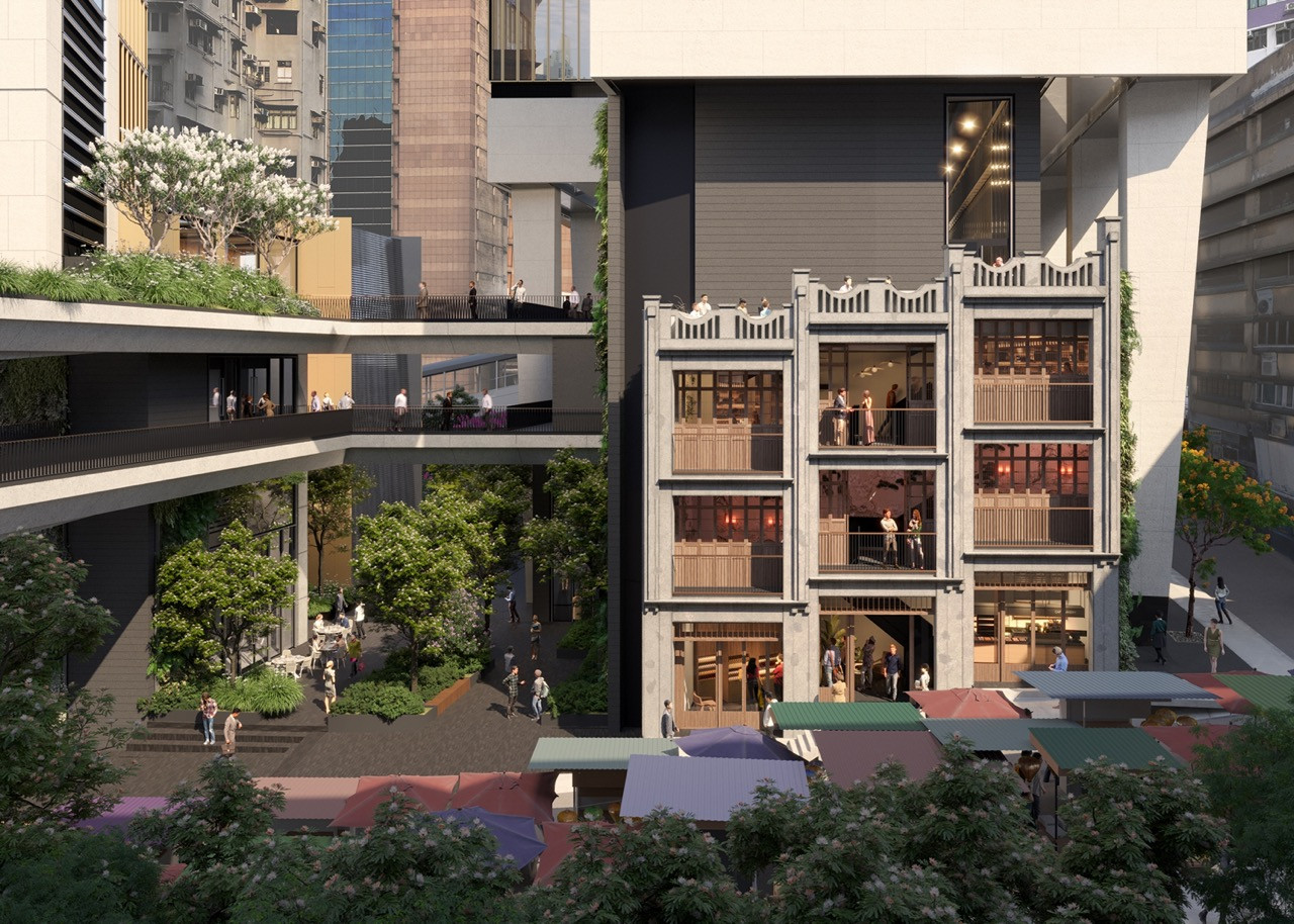 Heritage shophouses are integrated into Central Crossing’s design, preserving one of Hong Kong’s oldest surviving shophouses