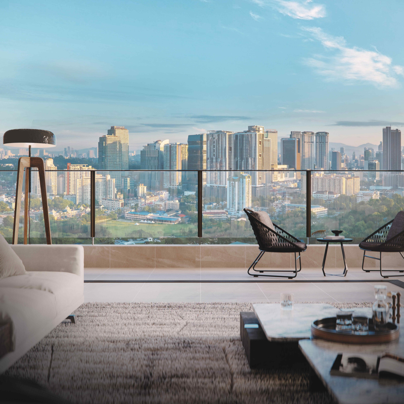 The expansive balcony with breathtaking views of the city skyline