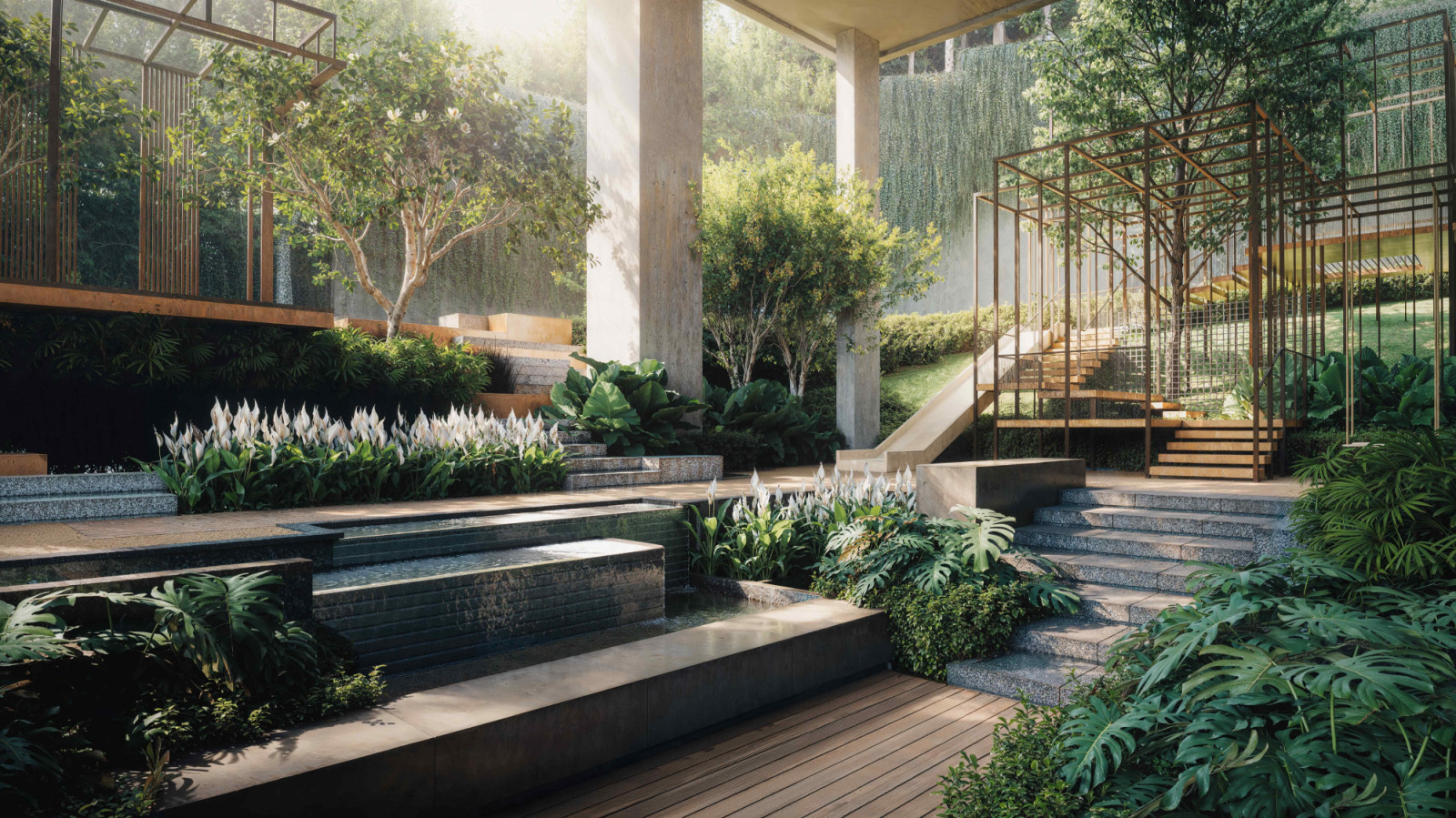 Integrated sensory gardens with stepping terraces