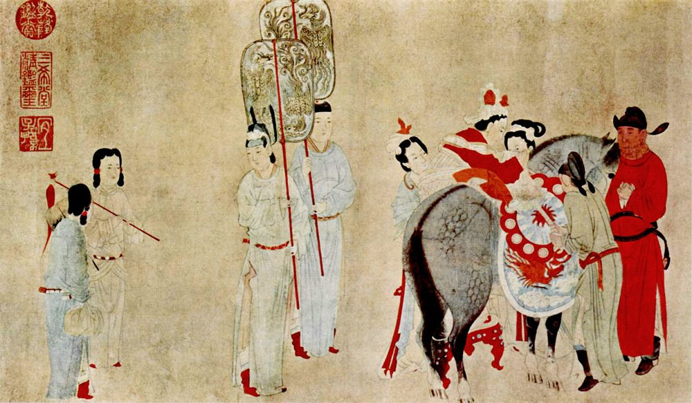 A 14th-century Yuan Dynasty painting shows a high-ranking Mongol woman ascending a horse.