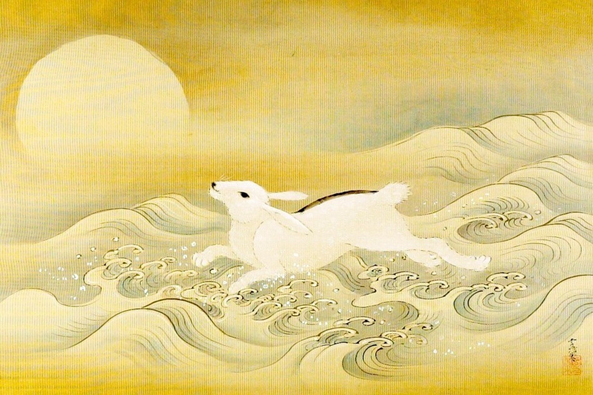 Kano Tsunenobu, “Rabbir, Wave, and Full Moon,” painting, 1683 (via Wikimedia Commons)